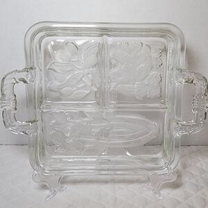 MCM Intaglio 1940's Vintage Clear & Frosted Glass Serving Divided Tray Handles